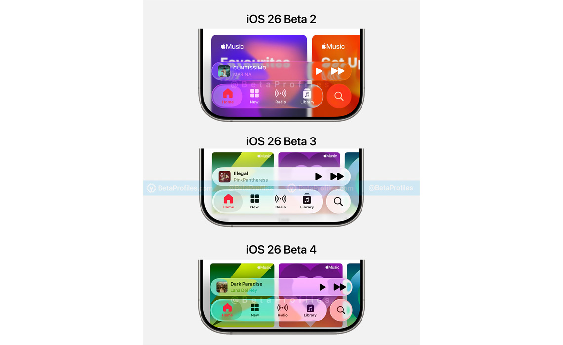 Liquid Glass effect iOS 26 Beta 4 vs Beta 3 & Beta 2