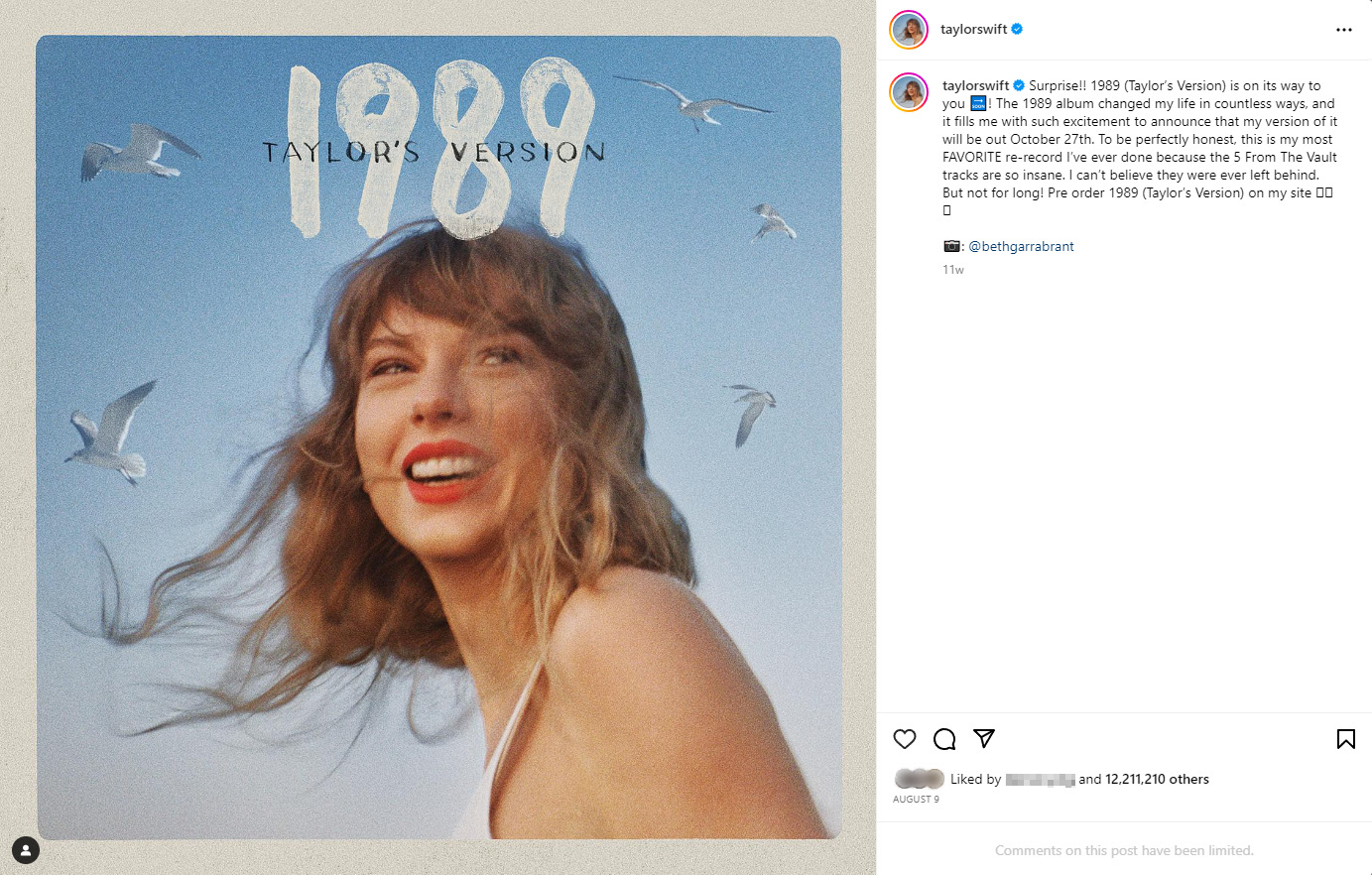 Taylor Swift's Instagram about 1989 (Taylor's Version)