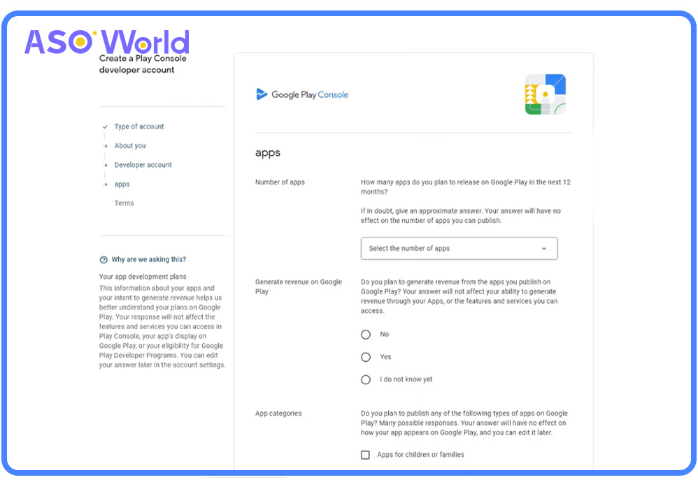 Apps section in creating an account process on Google Play