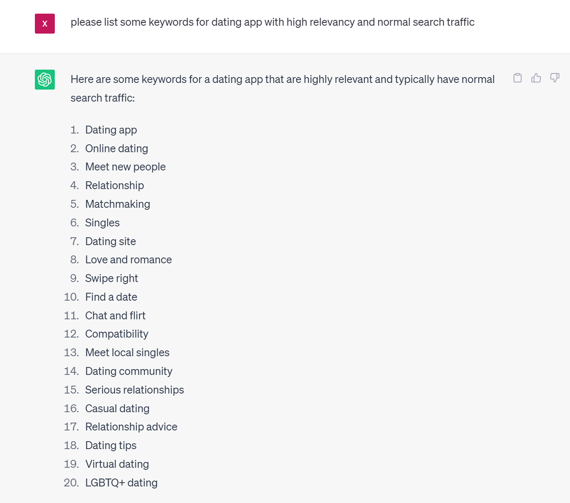 a list of keywords based on some specific requirements