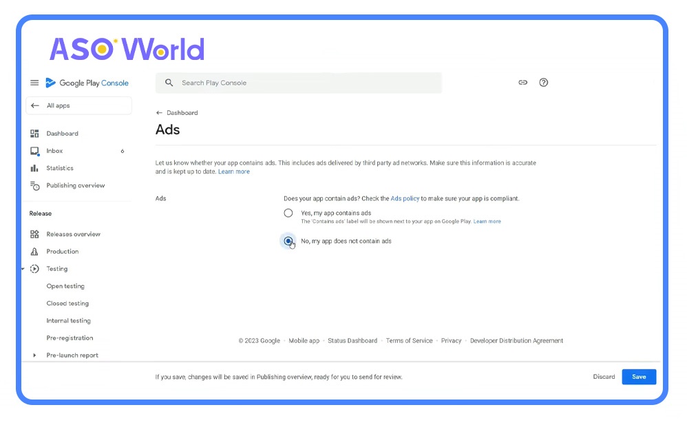 Ads section in Dashboard