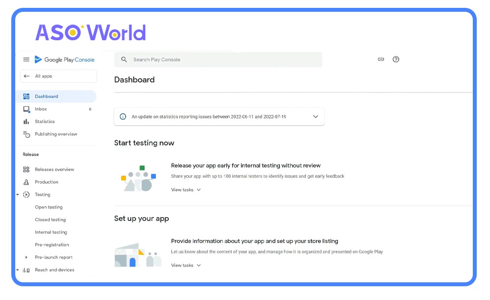 Dashboard on Google Play Console