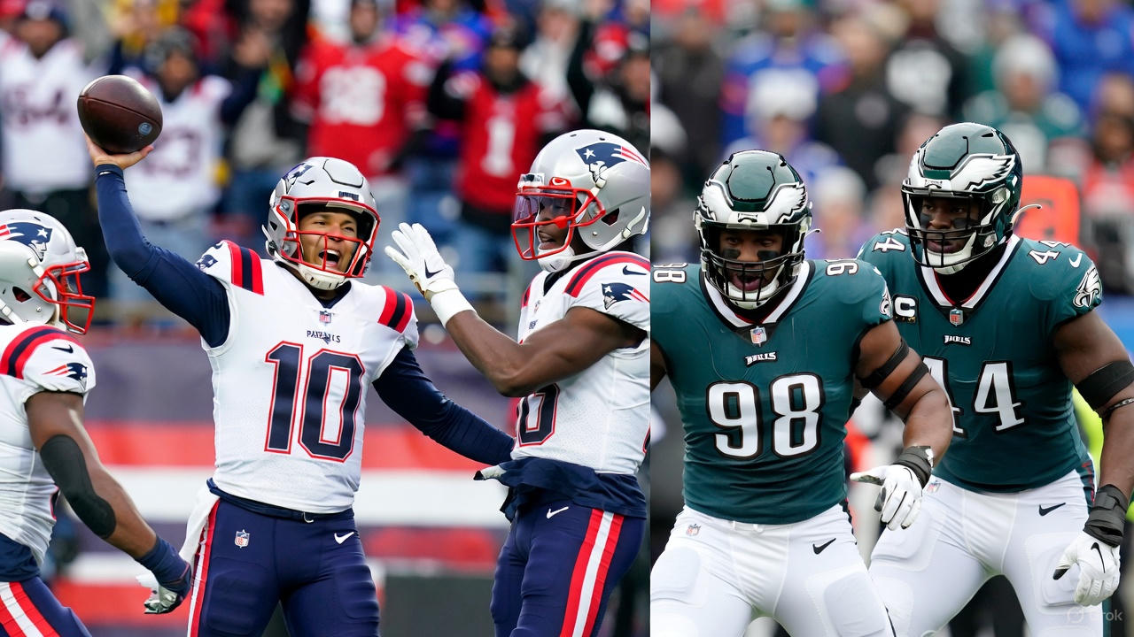 뉴 잉글랜드 패트리어츠와 필라델피아 이글스 선수들을 보여주는 분할 이미지. 왼쪽에서 패트리어츠 선수가 패스를 던지는 모습과 또 다른 선수가 동료와 함께 축하하는 장면이 보이며, 오른쪽에서는 두 명의 이글스 선수가 옆으로 달리고 있으며, 수비수가 초점을 맞춘 상태
