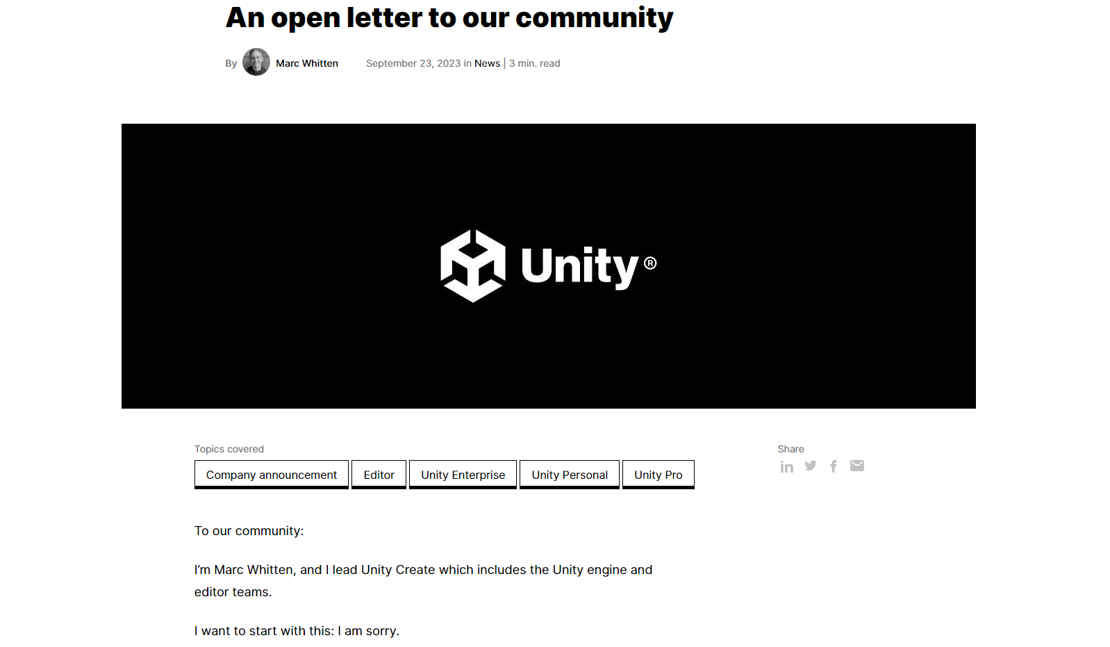 Unity: Открытое письмо нашему сообществу