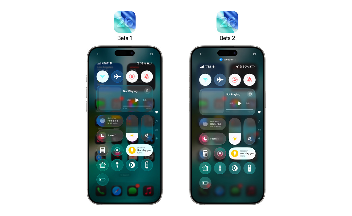 iOS 26 controll center beta 1 vs beta 2