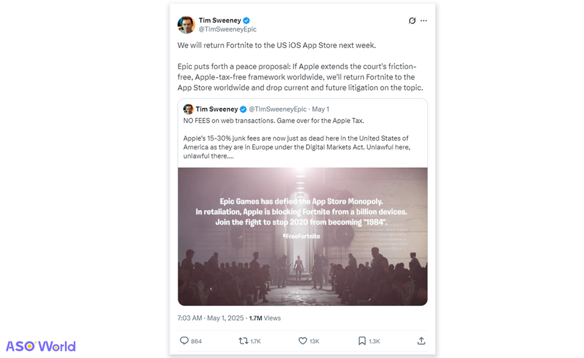 ティム・スウィーニーのフォートナイト米国iOS App Store復帰に関するツイート
