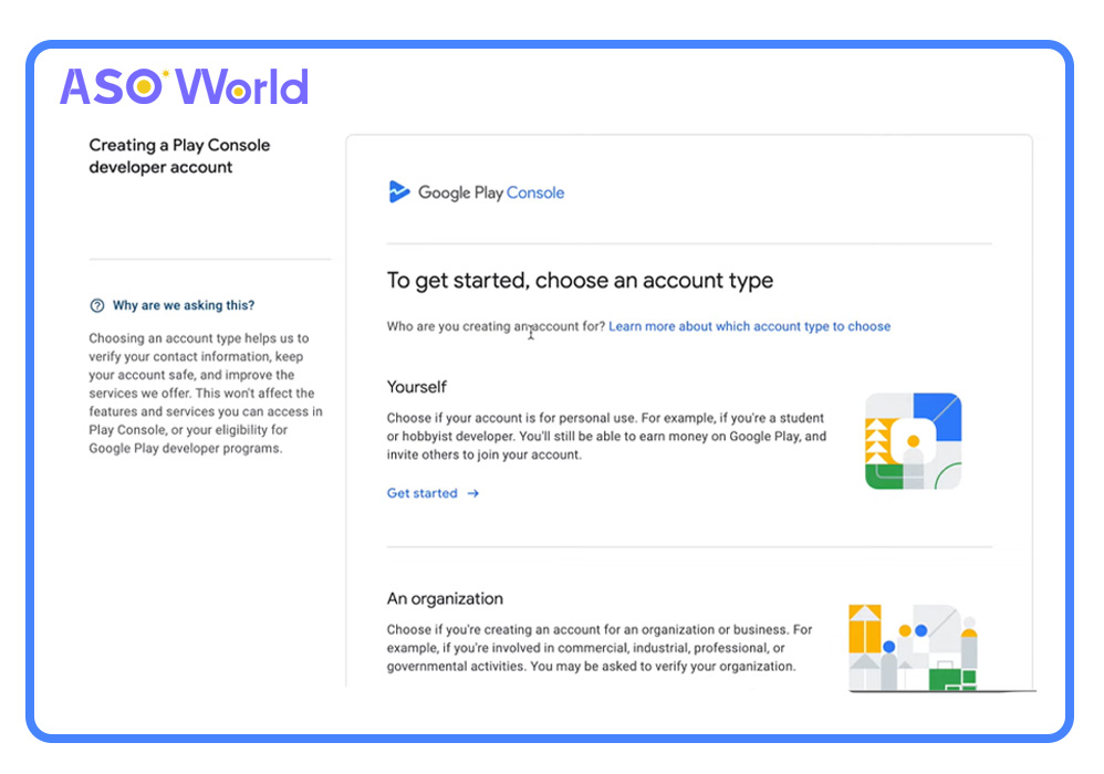 Choosing a personal or organizational account on Google Play