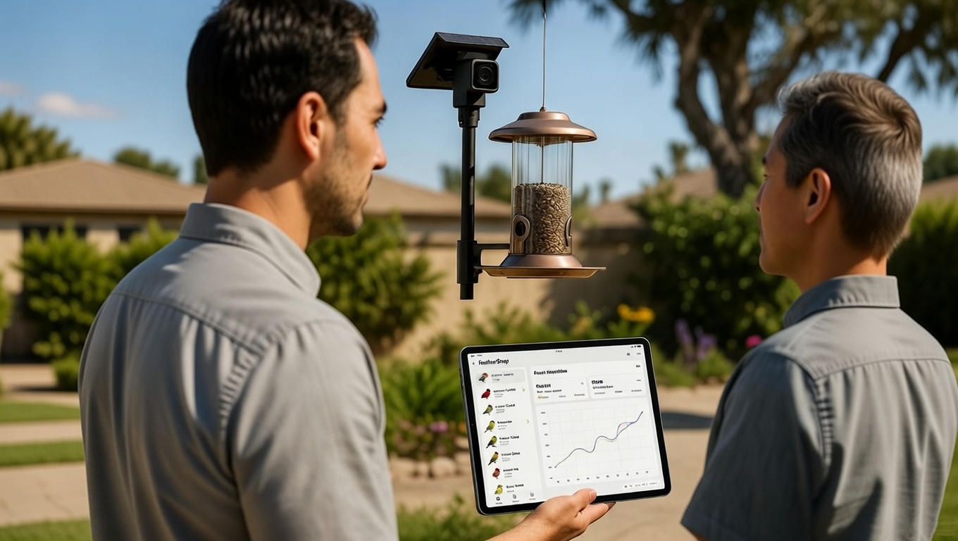 목격하는 새를 관찰하고 추적하는 스마트 조류용 배급기가 설계된 방법을 사용자에게 보여주기 위해 아이패드를 든 남자