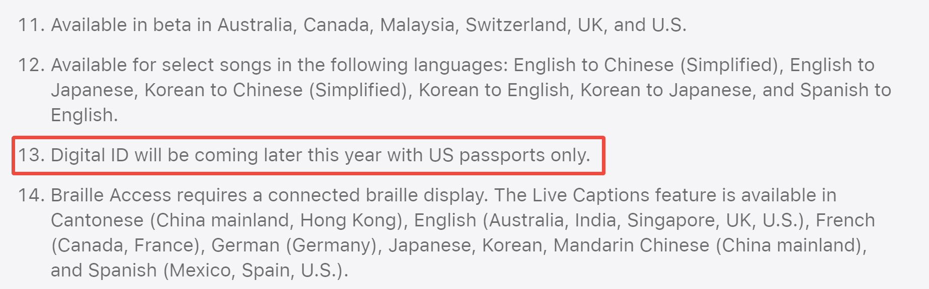 the footnotes of iOS 26 feature page