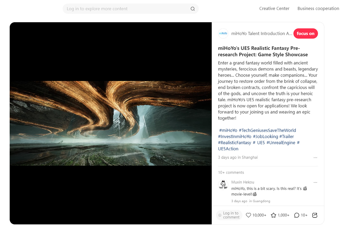 Hoyoverse's post on RedNote about its new MMO game