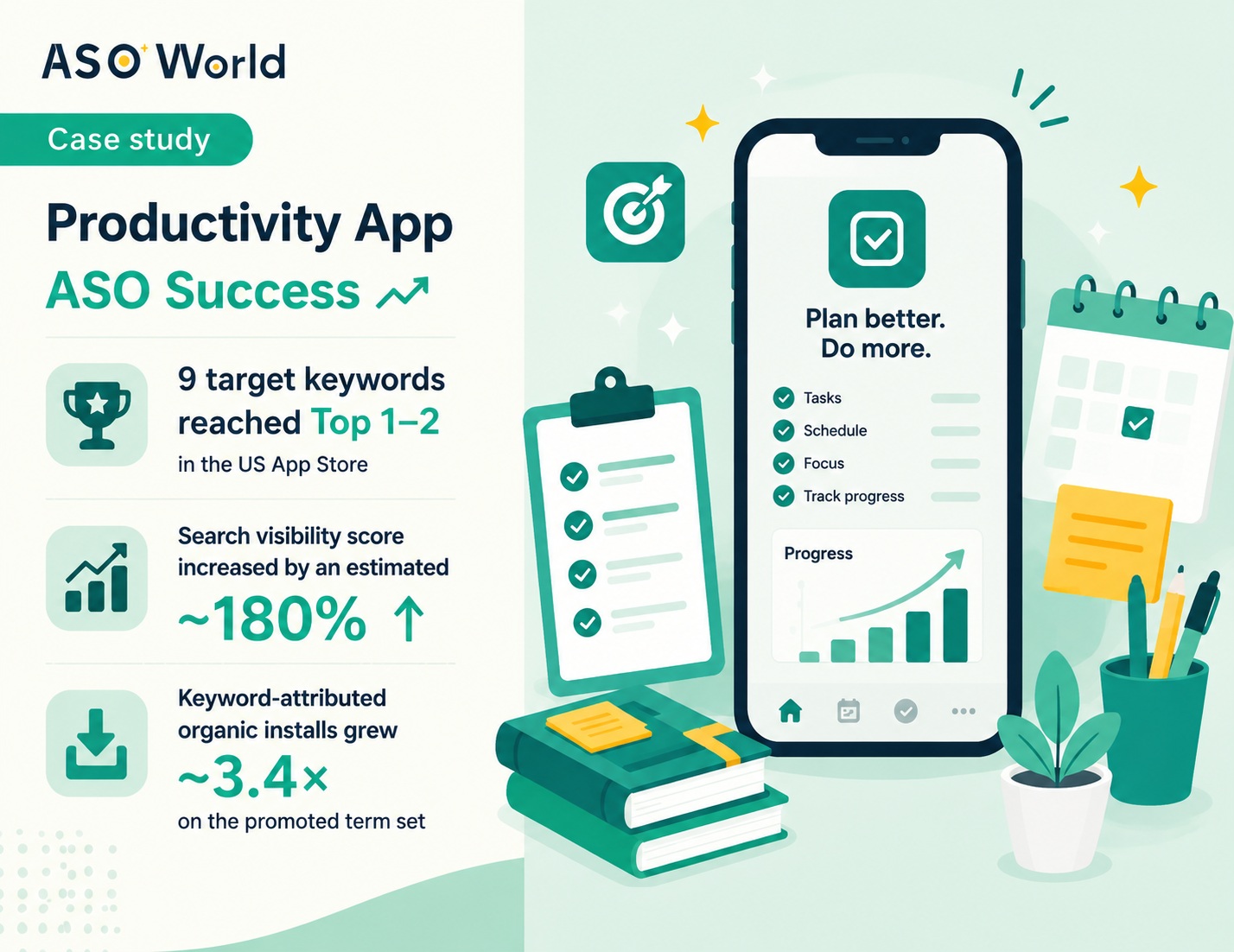 ASO Case Study: How a Productivity App Broke Its Page-One Ceiling and Locked 9 Keywords into Top 1–2