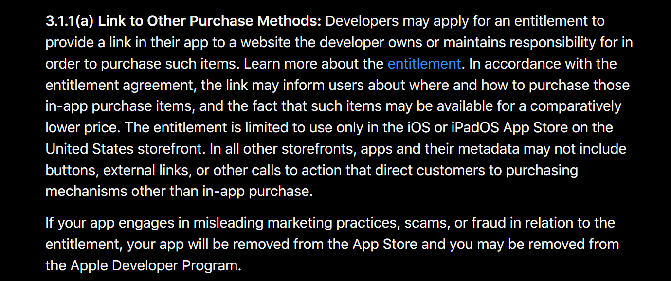 Рекомендации App Store о ссылке на другие методы оплаты