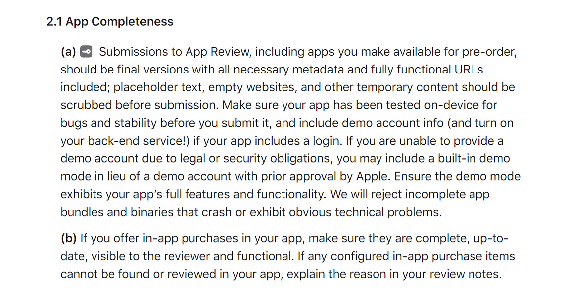 App Completeness in App Review Guidelines