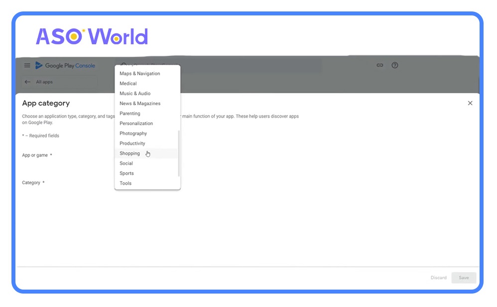 Choosing your app category on Google Play Console