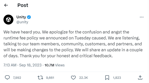 Извинения Unity в X/Twitter