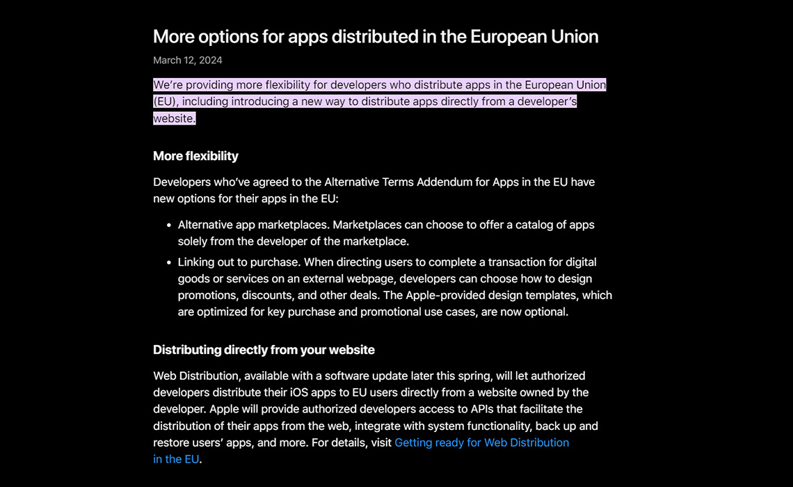 Apple: EUで配布されるアプリに対するさらなるオプション