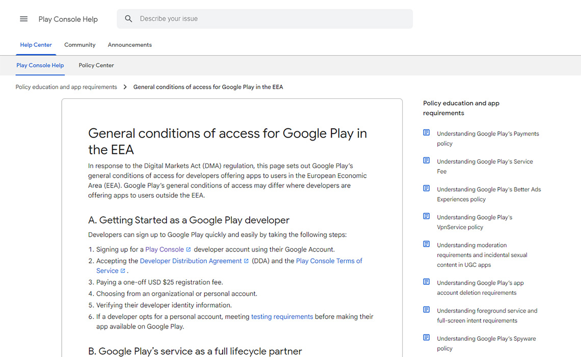 General conditions of access for Google Play in the EEA