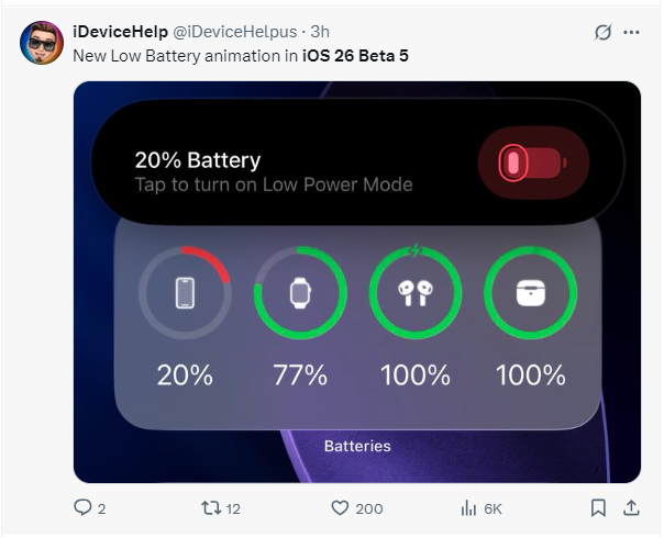 iOS 26 Beta 5：新しい低バッテリー通知