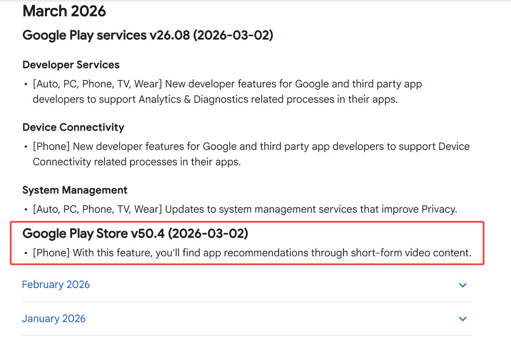 Google Play has introduced short-form video content in v50.4 (2026-03-02)